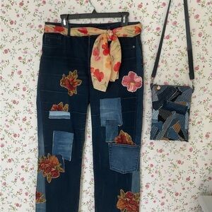 Upcycled Skinny Women Jeans and boho style bag
